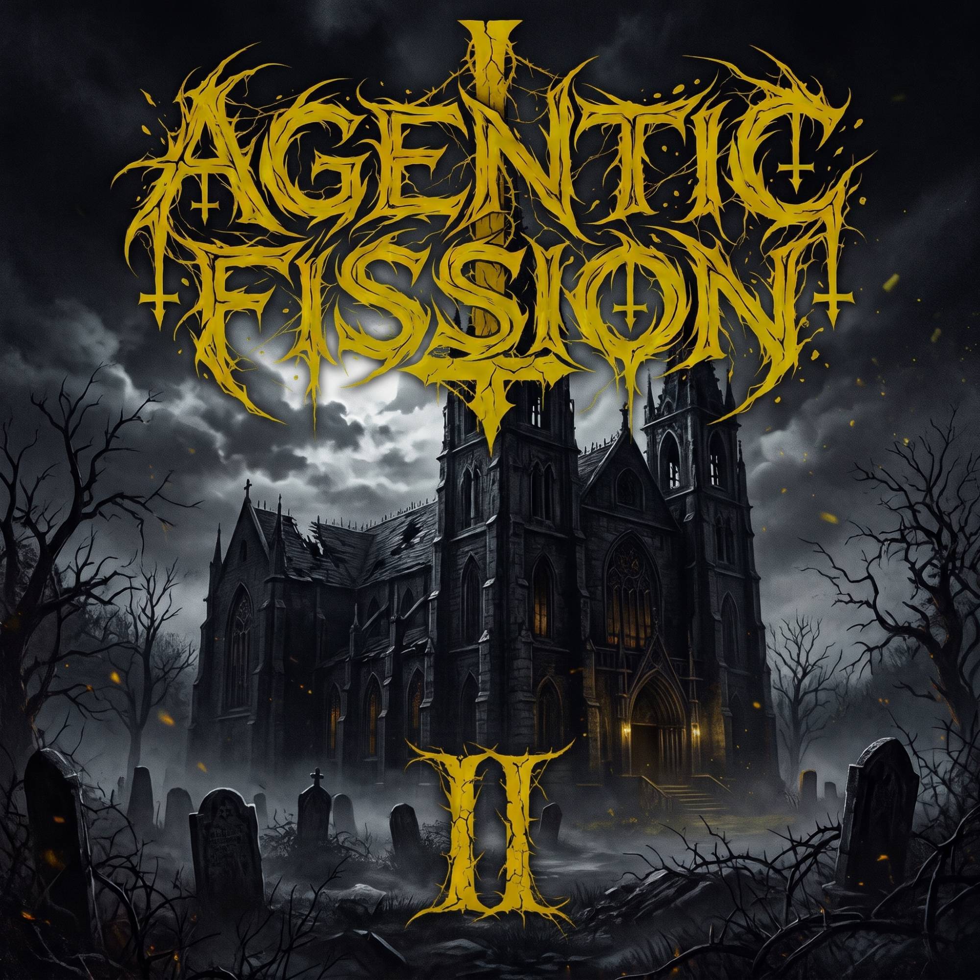 Albumcover II: gelbes Logo über einer verfallenen Kathedrale auf einem nebligen Friedhof