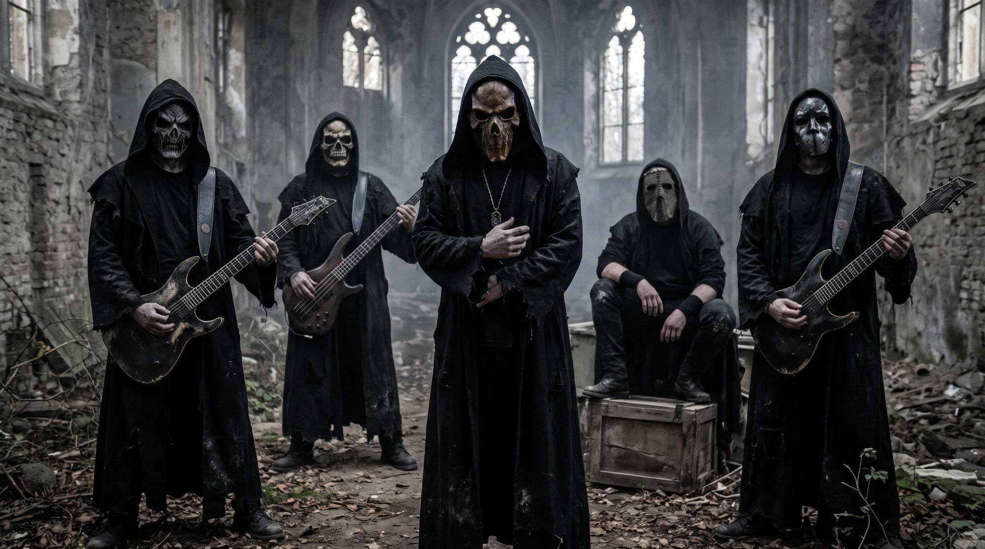 Die Band mit Kapuzen, Totenkopfmasken und Gitarren in einer verfallenen Kirche