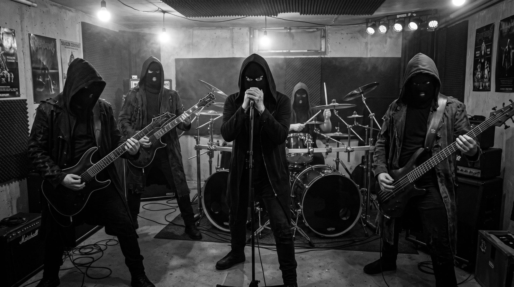 Die vermummte Band spielt mit Gitarren, Bass, Schlagzeug und Mikrofon in einem Kellerraum